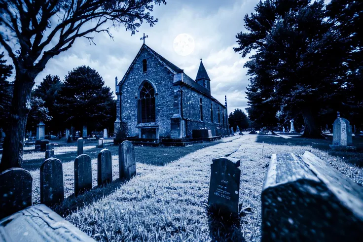 (Realisitc:1.5) EdobChurchCemeteryCreepyNight church a cemetery, black sky, with a full moon in the background <lora:EdobChurchCemeteryCreepyNight_v1.0:0.8>