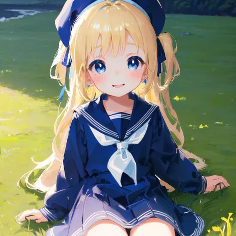 ((masterpiece)) (best quality) (beautiful detailed eyes) (ultra-detailed) (finely detail) (highres) ((((little female child)))) two side up long blonde hair ribbon blue long one piece blue long sailor dress blue school uniform blue sailor collar sailor fuku beret long sleeves blue eyes embarrassed blush [[smile]] outdoors sitting on side on grass