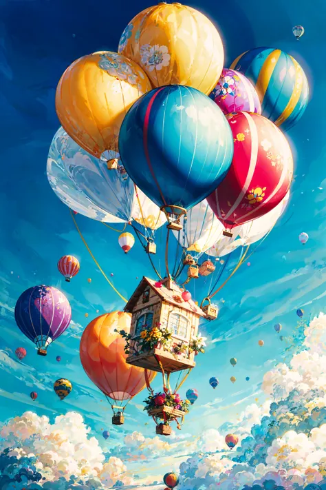 colorful (hot-air balloons:1.1) are floating in the sky, montgolfier balloon flight, absurdres, ultra detailed, highres, digital art, vector illustrations, computer-generated imagery, polished graphics, versatile techniques, cutting-edge design, <lora:flat2:-0.6>