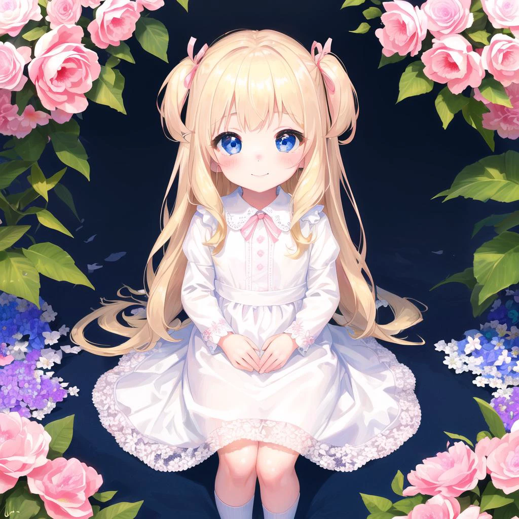 ((masterpiece)) (best quality) (beautiful detailed eyes) (ultra-detailed) (finely detail) (highres) ((((little female child)))) two side up long blonde hair pink ribbon white dress lace-trimmed embroidery long sleeves floral garden embarrassed blush [[smile]] on side sitting on flower ((flowers)) blue eyes