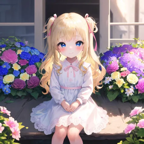 ((masterpiece)) (best quality) (beautiful detailed eyes) (ultra-detailed) (finely detail) (highres) ((((little female child)))) two side up long blonde hair pink ribbon white dress lace-trimmed embroidery long sleeves floral garden embarrassed blush [[smile]] on side sitting on flower ((flowers)) blue eyes