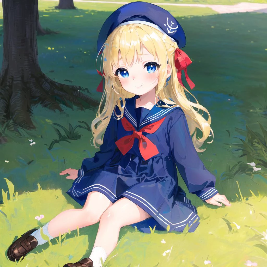 ((masterpiece)) (best quality) (beautiful detailed eyes) (ultra-detailed) (finely detail) (highres) ((((little female child)))) two side up long blonde hair ribbon blue long one piece blue long sailor dress blue school uniform blue sailor collar sailor fuku beret long sleeves blue eyes embarrassed blush [[smile]] outdoors sitting on side on grass