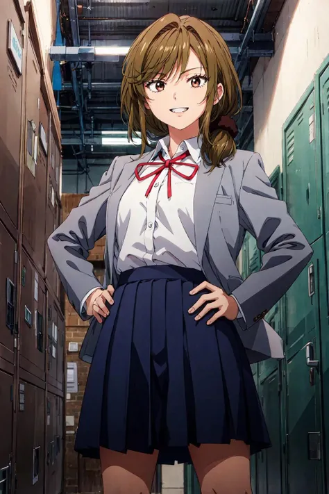 1girl, best quality, masterpiece, seoyuzuki, long sleeves, solo, , skirt, brown hair, low side ponytail, scrunchie, looking down, brown eyes, neck ribbon,, grey jacket, shirt, blue skirt, short skirt, white shirt, red ribbon, looking at viewer, smile, cowboy shot, locker , indoors, hands on hips, <lora:seoyuzuki2:1> teeth,