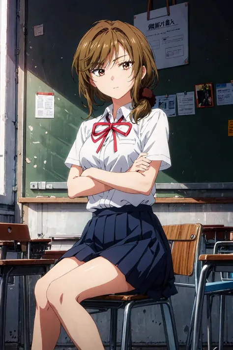 1girl, best quality, masterpiece, seoyuzuki, short sleeves, 1girl, solo, crossed arms, , brown hair, low side ponytail, brown eyes, scrunchie, shirt, short hair, ribbon, miniskirt, blue skirt, cowboy shot, <lora:seoyuzuki2:1>,classroom, sitting, looking at viewer,