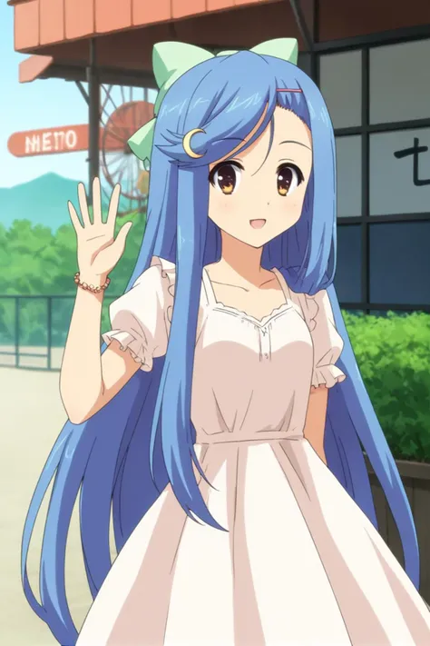 best quality,masterpiece,looking at viewer,absurdres,1girl,depth of field,score_9,score_8_up,score_7_up,source_anime BREAK <lora:007-æ¶åæç©ºçæ¡¥-è¤å éé³XLV1:0.8>,toudou kasane,blue hair,long hair,hair ornament,hairclip,bow,crescent,hair bow,crescent hair ornament,very long hair,brown eyes,dress,white dress,casual dresses,bracelet,amusement_park,outdoors,toll gate,stand,say hello,leaning_forward,arms_up,waving,(ferris wheel:0.8),