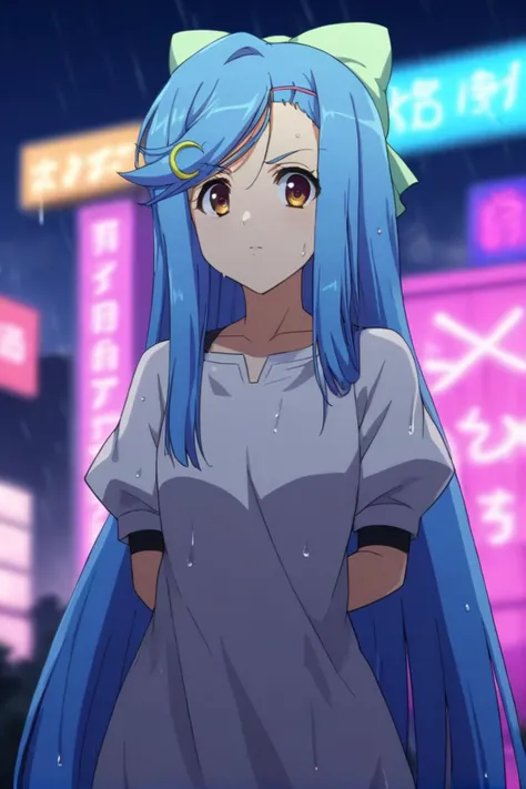 best quality,masterpiece,looking at viewer,absurdres,1girl,depth of field,score_9,score_8_up,score_7_up,source_anime BREAK <lora:007-æ¶åæç©ºçæ¡¥-è¤å éé³XLV1:0.8>,toudou kasane,blue hair,long hair,hair ornament,hairclip,bow,crescent,hair bow,crescent hair ornament,very long hair,brown eyes,cyberpunk city,arms_behind_back,rainy night in a cyberpunk city with glowing neon lights,power armor,gloves,wet,