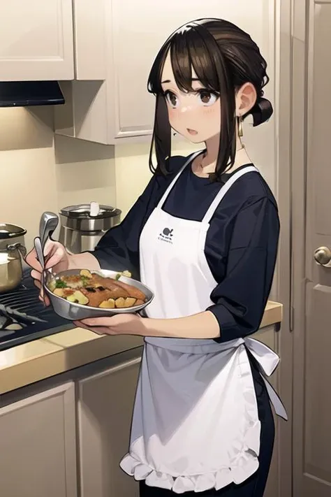 1 (cropped:1.5) male,
casual clothes, apron, jewelry, earrings, (douki-chan), (long hair:1.4), brown hair, brown eyes, <lora:ganbaredouki-chan_douki-chan:1>
kitchen, spoken food,
(standing:1.3),