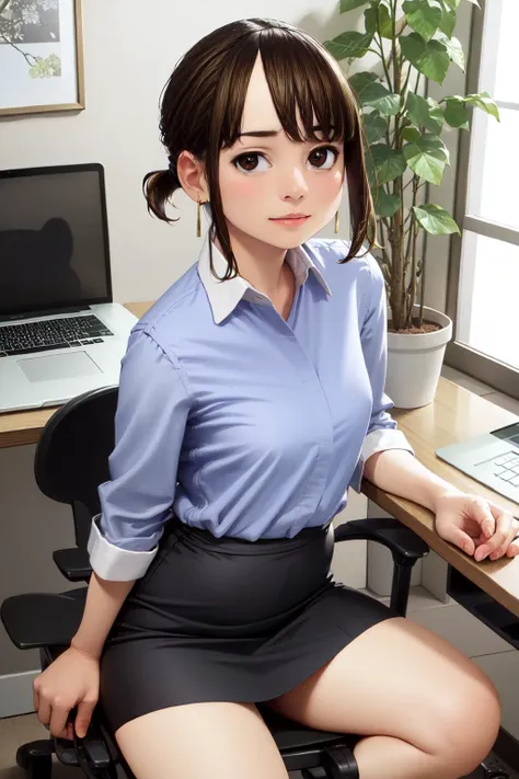 (masterpiece, best quality:1.2), <lyco:ganbaredouki-chan_douki-chan-11:1.0>, solo, 1girl, douki-chan, slight smile, looking at viewer, sitting, office chair, short ponytail, office lady, blue shirt, high-waist skirt, pencil skirt, jewelry, earrings