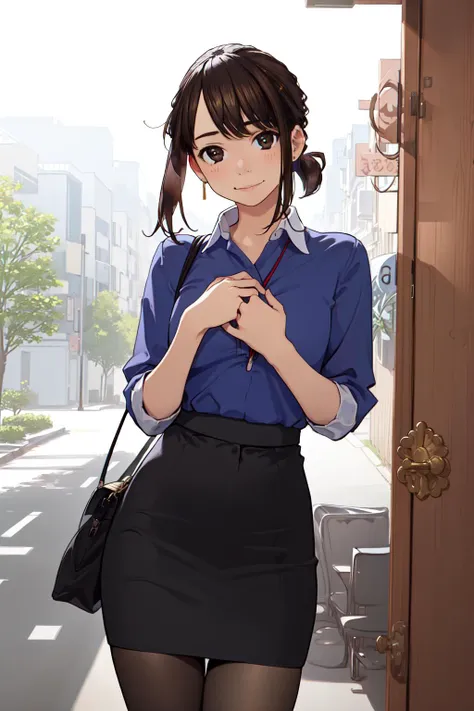 (masterpiece, best quality:1.2), <lyco:ganbaredouki-chan_douki-chan-11:1.0>, cowboy shot, solo, 1girl, douki-chan, slight smile, looking at viewer, hand on own chest, short ponytail, office lady, blue shirt, high-waist skirt, pencil skirt, pantyhose, jewelry, earrings, office