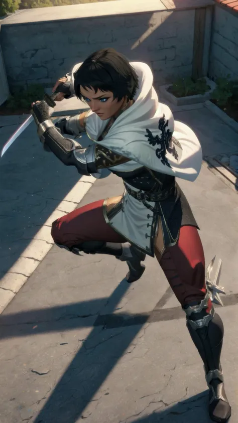 <lora:mercedes-10DDv7:0.8> Mercedes, 1girl, white cloak, blue eyes, short black hair, dark skin, BREAK, serious, battle cry, BREAK, fighting stance, <lora:UBWKatanaOneHand:0.6> KatanaOneHand, basic grip, blade to side, overhead grip, strike pose, blade up, blade right hand, masterpiece, best quality, extremely detailed, highly quality, 4k, sharp focus, professional, sharp focus, award winning, cinematic lighting, octane render, unreal engine, volumetrics dtx, Wallpaper,