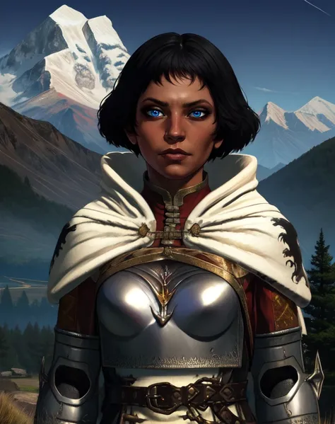 mercedes,blue eyes,black hair,
white cape,armor,chestplate,dress, belt,
standing,upper body,
camp,morning,mountains,
(insanely detailed, beautiful detailed face, masterpiece, best quality),<lora:mercedes:0.8>,