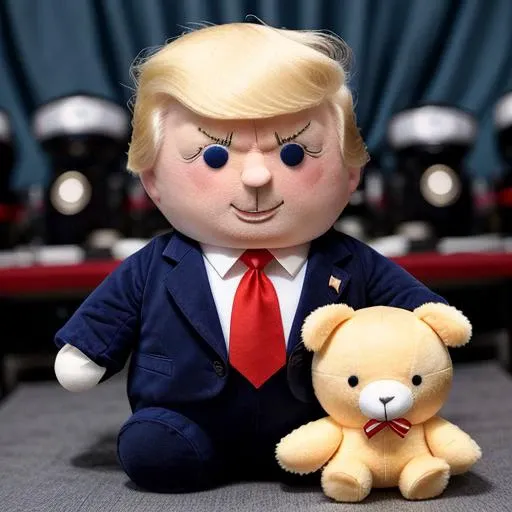 cinematic macro product shot, president donald trump man as a stuffed toy plushiestyle <lora:plushieStyle:.6>