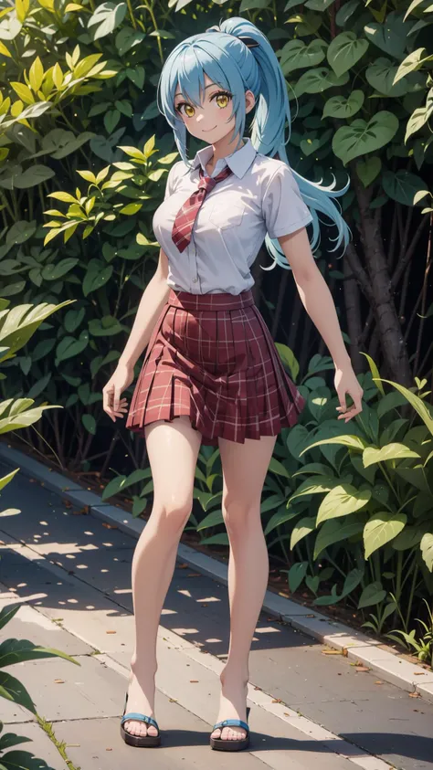 (masterpiece, best quality),ray tracing,absurdres, HDR,rimuru tempest, campus, skirt, 1girl,large breasts, blue hair, school uniform, plaid skirt, , long hair, smile, plaid, yellow eyes, , , pleated skirt, full body, , ponytail, , standing, , looking at viewer, solo, , hair between eyes, ,shirt, bangs, sandals, red skirt, white shirt, collared shirt, closed mouth, , short sleeves, miniskirt,outoors, ,<lora:rimuru campus_v2:0.7> <lora:sandals_v2:0.7>