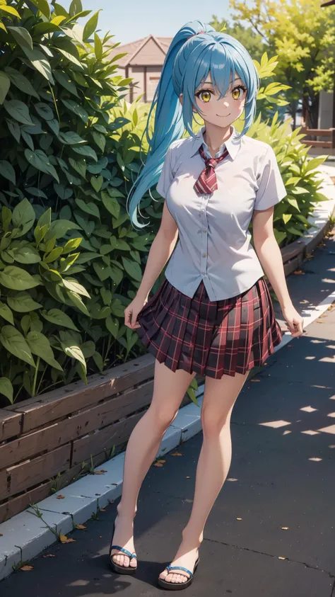 (masterpiece, best quality),ray tracing,absurdres, HDR,rimuru tempest, campus, skirt, 1girl,large breasts, blue hair, school uniform, plaid skirt, , long hair, smile, plaid, yellow eyes, , , pleated skirt, full body, , ponytail, , standing, , looking at viewer, solo, , hair between eyes, ,shirt, bangs, sandals, red skirt, white shirt, collared shirt, closed mouth, , short sleeves, miniskirt,outoors, ,<lora:rimuru campus_v2:0.7> <lora:sandals_v2:0.7>