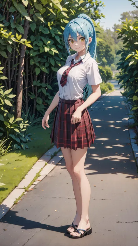 (masterpiece, best quality),ray tracing,absurdres, HDR,rimuru tempest, campus, skirt, 1girl,large breasts, blue hair, school uniform, plaid skirt, , long hair, smile, plaid, yellow eyes, , , pleated skirt, full body, , ponytail, , standing, , looking at viewer, solo, , hair between eyes, ,shirt, bangs, sandals, red skirt, white shirt, collared shirt, closed mouth, , short sleeves, miniskirt,outoors, ,<lora:rimuru campus_v2:0.7> <lora:sandals_v2:0.7>