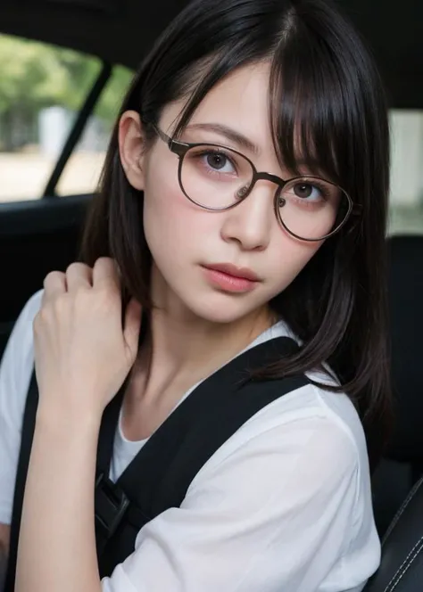 raw photo, a photograph of Lithuanian 1girl, (wear a  glasses, round eyewear, looking at viewer, simple background, bangs, parted lips:1.3), teasing smile, cinematic angle, (cinematic shadows, bokeh, depth of field:1.3),
(desaturated hair,  messy bun hair:1.25),
in the (car_seat, seatbelt :1.2),
winter,
dawn,
NaturalHand2-3500, natural skin texture, hyperrealism, hdr, hyperdetailed, RAW photo, photorealistic, best quality, highres, realistic, 8k, caustics, dynamic light, beautiful and delicate lips, delicate fingers, detailed pupil, real human skin,