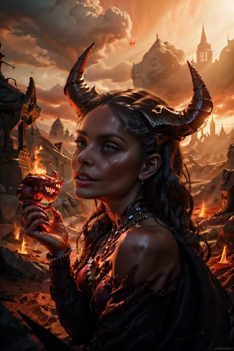 (beautiful (demon woman:1) portrait:1.5) in hell landscape with castle and demon horde (((masterpiece))), ((best quality)), realistic, 8k, ultra-detailed, realistic, scenery, ConceptArt, Highly detailed RAW color Photo, side Angle, (lens flare:0.7), particle effects, raytracing, cinematic lighting, shallow depth of field, photographed on a Sony Alpha 1, 50mm wide angle lens, sharp focus, cinematic film still, dynamic pose, <lora:Hell2_v1.0:0.5>, (Realistic:1.3), <lora:TerezeMKalman_v1.0:0.6>