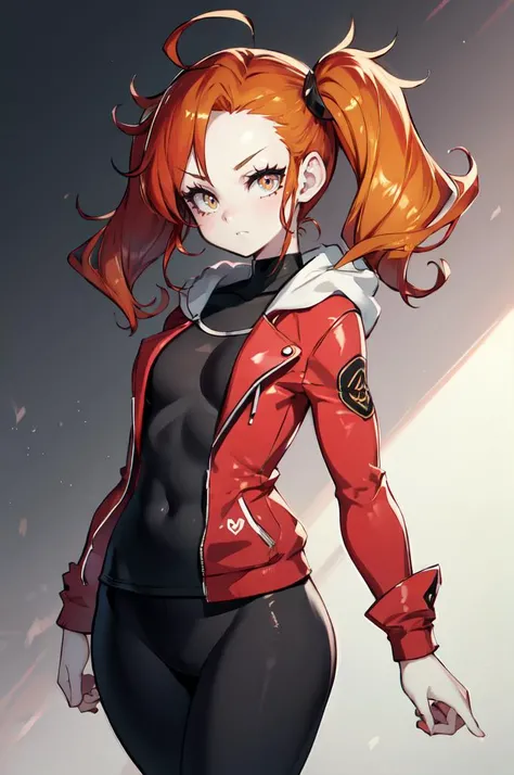 ultra detailed, masterpiece, best quality, solo, cowboy shot, <lora:parororostyle:1> parororostyle,
1girl, red hair, (orange eyes:0.5), (amber eyes:1.3), swept bangs, parted bangs, medium hair, small breasts, <lora:Tsurime3:1>, (tsurime:1.2), (low twintails:1.35),
leggings, leather jacket, long shirt, combat boots, hoodie,