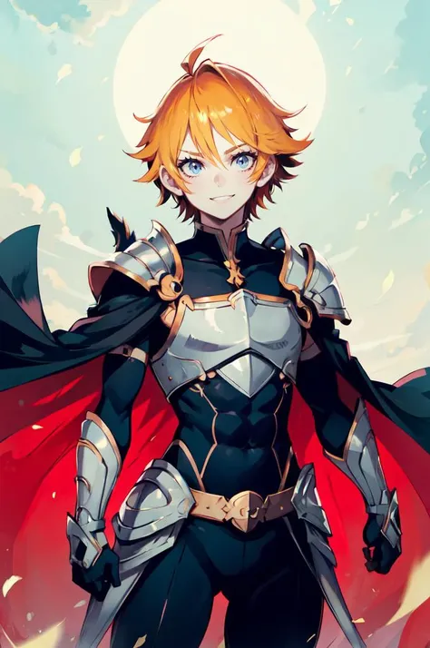 ultra detailed, masterpiece, best quality, solo, cowboy shot, <lora:parororostyle:1> parororostyle,
smile, red theme,
1boy, blue eyes, medium blonde hair, parted bangs, hair intakes, male focus, muscular male,
armor, pauldrons, cuirass, gauntlets, waist cape, greaves, black bodysuit, surcoat, shoulder sash, wing shoulder armor, cape, pants,