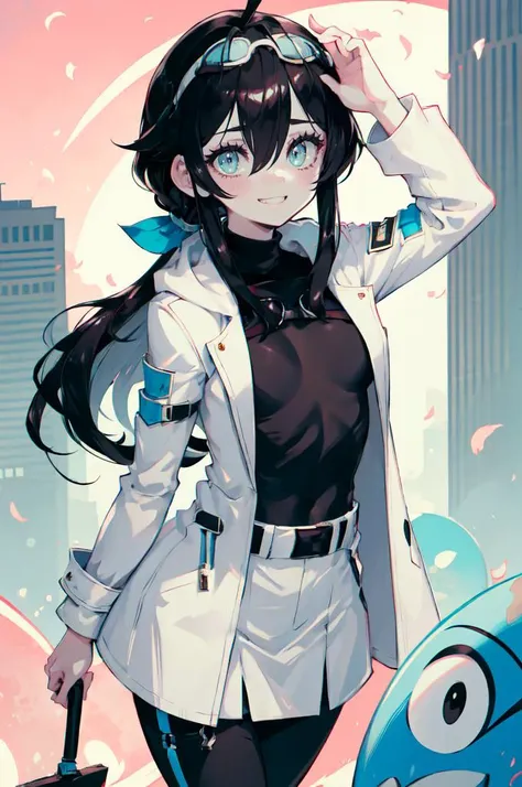 ultra detailed, masterpiece, best quality, solo, cowboy shot, <lora:parororostyle:1> parororostyle,
smile,
1girl, (teal eyes:1.1), (aqua eyes:0.45), (black hair:1.2), <lora:low_ponytail-1.0:0.95> low ponytail, ahoge, low ponytail, absurdly long hair, very long hair, (hair flaps:1.2), flipped hair, hair between eyes, bangs, messy hair, small breasts,
(goggles on head:1.3), hooded coat, open coat, turtleneck, capri pants, black knee boots, multiple belts, multiple straps, white long jacket, white coat, (half-skirt:0.65), layered clothes, hair ribbon,