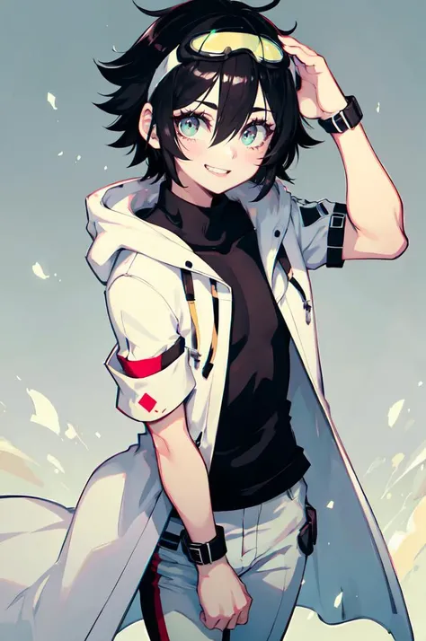 ultra detailed, masterpiece, best quality, solo, cowboy shot, <lora:parororostyle:1> parororostyle,
smile,
1boy, green eyes, short hair, black hair, bangs, hair between eyes, messy hair,
(goggles on head:1.3), headband, white coat, hooded coat, hood down, open coat, turtleneck, capri pants, pants, black knee boots,
