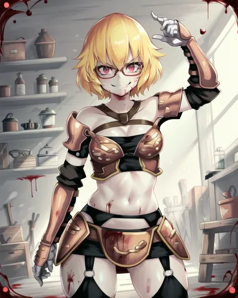 ((best quality)), ((highly detailed)), masterpiece, (detailed eyes, deep eyes), (1girl), (glasses), cowboy shot, <lora:clementineOverlord_v10:.8>, clementine \(overlord\), short hair, blonde hair, red eyes, crazy, angry, evil smile, armor, midriff, garter belt, gauntlets, ((blood)), (indoors, in a garage), <lora:parororostyle:1>, parororostyle