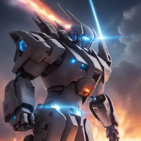 cloud <lora:Clouds:0.3> masterpiece, best quality, mecha, no humans, black armor, blue eyes, science fiction, fire, laser canon beam, war, conflict, destroyed background, from above