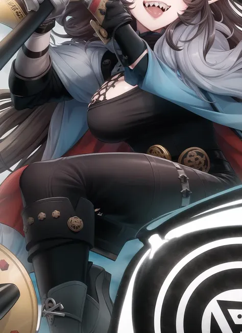 solo full body pose viewed from the frontlogo green girl with large breasts and large boots, pointy ears, yellow eyes, long sharp teeth, fangs:1.5, grin, holding a m73 HMG large heavy gun and a sword with a skull on the hilt, skull on a royal (wax seal:1.3) with red ribbons (best quality:1.5), (ultra highres:1.5), (detailed photographic portrait ), zoom out, mazagine cover, cover art <lora:Zet13V3A:1>