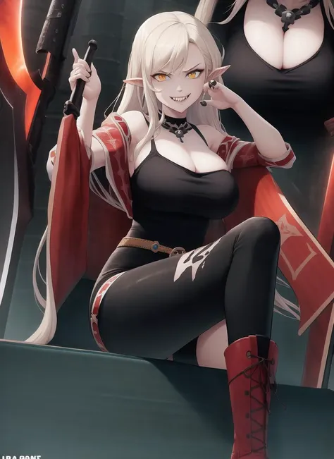 solo full body pose viewed from the frontlogo green girl with large breasts and large boots, pointy ears, yellow eyes, long sharp teeth, fangs:1.5, grin, holding a m73 HMG large heavy gun and a sword with a skull on the hilt, skull on a royal wax seal with red ribbons (best quality:1.5), (ultra highres:1.5), (detailed photographic portrait ), zoom out, mazagine cover, cover art <lora:Zet13V3A:1>