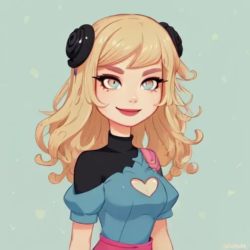 female, age 25, longblond wavy hair, wild hair, high cheek bones, round face, cute, highly detailed, sharp focus, stunningly beautiful, looking at camera, smile, sultry look, blue skin, black makeup, Tara McPherson <lora:Tara_McPherson_v1:1>, standing tied to a pole