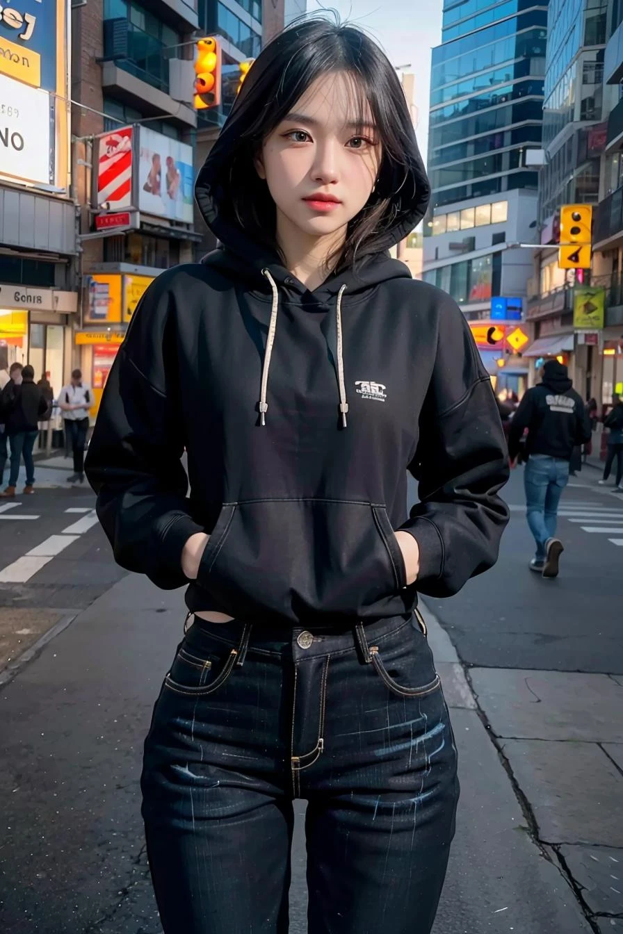 woman, urban, streets, (day:1.1), RAW,(8k, best quality, masterpiece:1.2),(intricate details:1.4),(photorealistic:1.4),octane render, complex 3d render ultra detailed, studio soft light, rim light, vibrant details, ultra detailed, realistic skin texture, detailed face, beautiful detailed eyes, extremely detailed CG unity 8k wallpaper, makeup, (detailed background:1.2), (cowboy shot:1.2),(hip),(perfect anatomy:1.2),(black hoodie, long jeans:1.2),
<lora:dynachuu-04:1>