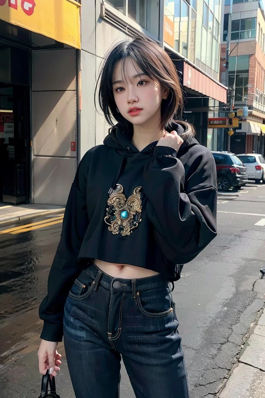 woman, urban, streets, (day:1.1), RAW,(8k, best quality, masterpiece:1.2),(intricate details:1.4),(photorealistic:1.4),octane render, complex 3d render ultra detailed, studio soft light, rim light, vibrant details, ultra detailed, realistic skin texture, detailed face, beautiful detailed eyes, extremely detailed CG unity 8k wallpaper, makeup, (detailed background:1.2), (cowboy shot:1.2),(hip),(perfect anatomy:1.2),(black hoodie, long jeans:1.2),
<lora:dynachuu-04:1>