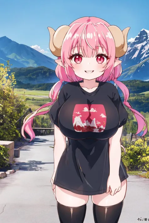 <lora:IluluDragonMaid_NDV:0.7>, IluluDragonMaid_NDV, 1girl, pink hair, gigantic breasts, long hair, horns, black t-shirt, black thighhighs, red eyes, dragon girl, slit pupils, pointy ears, mountain, outdoors, oversized shirt, smile, lips, short sleeves, cowboy shot