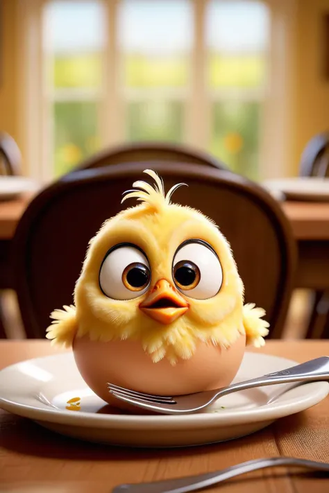 Disney Pixar, (overhead shot:1.2) of a chick hatches from an egg on dinner table, suprised face made of ral-drp, fork and knife, salad in background, ready to eat, <lora:ral-drp:0.8>