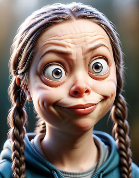 greta thunberg wearing a hoodie, hair in twin braids, closeup shot of her face, bokeh, made of ral-drp <lora:ral-drp:1>