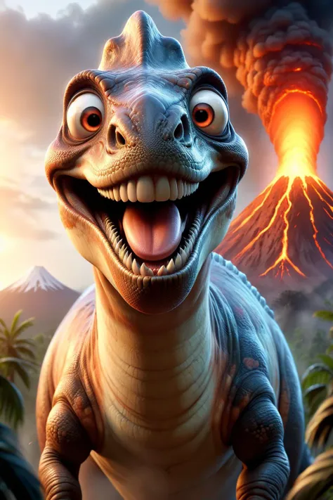 pixar style, digital masterpiece, wide shot of a large dinosaur with an extremely long neck running towards viewer, surprised facial expression, short arms, face made of ral-drp, extremely detailed, erupting volcano in background, <lora:add-detail-xl:1.5>, <lora:ral-drp:1>