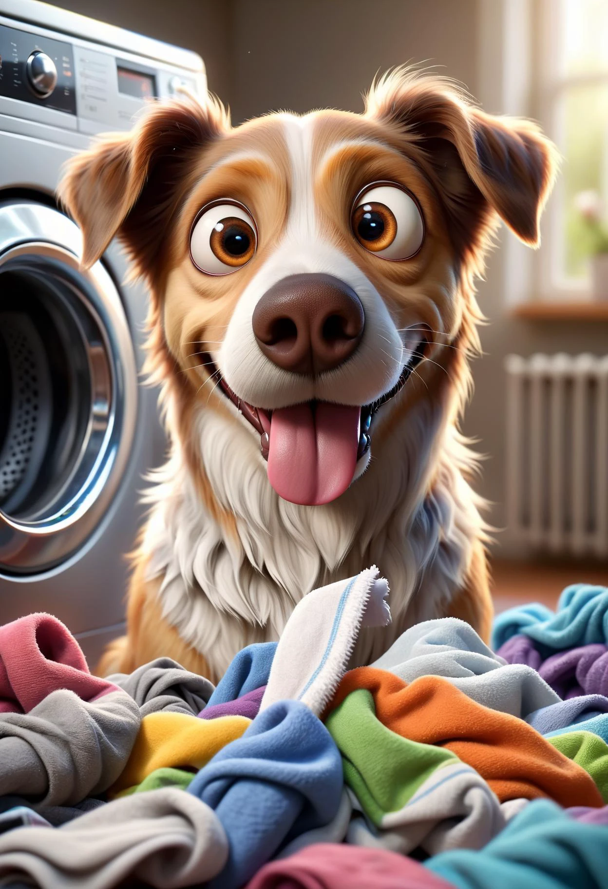pixar style, a dog sniffing on an old dirty sock, large pile of dirty laundry, washing machine background, side view, large nostrils, funny face made of ral-drp, masterpiece, extremely detailed, highest quality, <lora:add-detail-xl:1>, <lora:ral-drp:0.8>