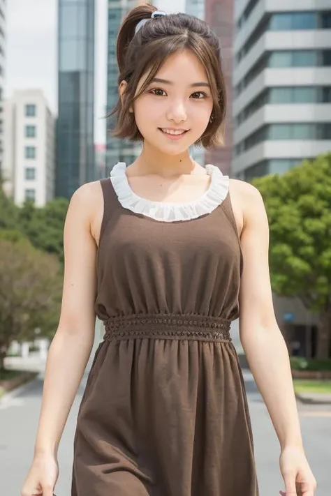 1girl, (wearing a cotton dress:1.4),(RAW photo, best quality), (realistic, photo-realistic:1.4), masterpiece, an extremely delicate and beautiful, extremely detailed, 2k wallpaper, Amazing, finely detail, extremely detailed CG unity 8k wallpaper, ultra-detailed, highres, soft light, beautiful detailed girl, extremely detailed eyes and face, beautiful detailed nose, beautiful detailed eyes,cinematic lighting,(in the city:1.8),perfect anatomy,slender body,smiling,(close up:1.4),(look at viewer),(front view:2.0),cinematic angle,(short twin-tail hair:2.0), (brown eyes:2.0), <lora:takamuraayaka_lora-02:0.8>