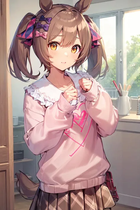 masterpiece, best quality, 
smart falcon \(umamusume\), 
casual, hair bow, sleeves past wrists, puffy long sleeves, frilled collar, pink sweater, clothes writing, brown skirt, pleated skirt, plaid skirt, 
<lora:smart_falcon_loha:0.6>