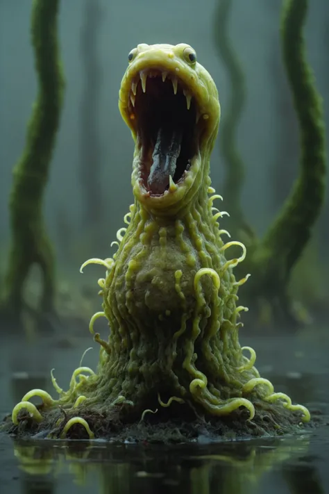 a photo in the style of Kurt Regschek, a (Calamitous Tremulous:1.5) slime mold creature of the swamp, (head of an [angry fanged toad| ( evil eel:1.9)|evil  eel with sharp teeth] ), medium tall, fangs, (medium length webbed and tentacle like arms) and ([frog legs| webbed legs]:1.4),   [ luminescent skin made of <lora:acidzlime-sdxl:.7> acidzlime oozes down it's back, and seaweed runs like a ridge of horns: <lora:avocado_skin:.35>bio-luminescent  [avocado|slime mold] skin with (seaweed spikes on it's back:1.4) :33] , : BREAK Midnight in the swamp. Spooky trees covered in moss in the background, deep depth of field, mirrored imagery of the glowing bio-luminescence, detailed hyper-realism photography,