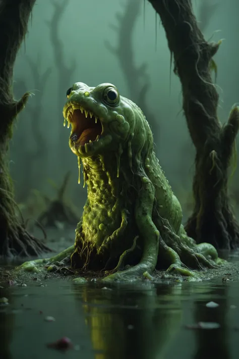 a photo in the style of Kurt Regschek, a (Calamitous Tremulous:1.5) creature of the swamp, (head of an [angry toad| ( evil eel:1.9)|evil eel] ), medium tall, (medium length arms) and ([frog legs| webbed legs]:1.4),   [ luminescent skin made of <lora:acidzlime-sdxl:.7> acidzlime oozes down it's back, and seaweed runs like a ridge of horns: <lora:avocado_skin:.35>bio-luminescent  avocado skin with spikes on it's back:33] , : BREAK Midnight in the swamp. Spooky trees covered in moss in the background, deep depth of field, mirrored imagery of the glowing bio-luminescence, detailed hyper-realism photography,
