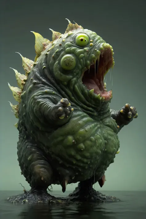 a photo in the style of James Christensen and Sebastian Krger, a (Calamitous Tremulous) creature of the swamp, head of an [angry toad: angler fish:15], fat, (medium length arms) and (thick webbed feet),  detailed hyper-realism photography, [ luminescent skin made of <lora:acidzlime-sdxl:.9> acidzlime and seaweed on its back: <lora:avocado_skin:.4>bio-luminescent  avocado skin with spikes on it's back:29] ,( a bioluminescent light  extends from the forehead like a streetlamp:1.7),