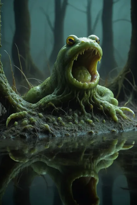 a photo in the style of Kurt Regschek, a (Calamitous Tremulous:1.5) creature of the swamp, (head of an [angry toad| ( evil eel:1.9)|evil eel] ), medium tall, (medium length arms) and ([frog legs| webbed legs]:1.4),   [ luminescent skin made of <lora:acidzlime-sdxl:.7> acidzlime oozes down it's back, and seaweed runs like a ridge of horns: <lora:avocado_skin:.35>bio-luminescent  avocado skin with spikes on it's back:33] , : BREAK Midnight in the swamp. Spooky trees covered in moss in the background, deep depth of field, mirrored imagery of the glowing bio-luminescence, detailed hyper-realism photography,