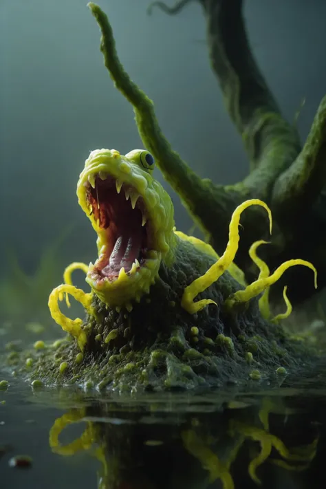 a photo in the style of Kurt Regschek, a (Calamitous Tremulous:1.5) slime mold creature of the swamp, (head of an [angry fanged toad| ( evil eel:1.9)|evil  eel with sharp teeth] ), medium tall, fangs, (medium length webbed and tentacle like arms) and ([frog legs| webbed legs]:1.4),   [ luminescent skin made of <lora:acidzlime-sdxl:.7> acidzlime oozes down it's back, and seaweed runs like a ridge of horns: <lora:avocado_skin:.35>bio-luminescent  [avocado|slime mold] skin with (seaweed spikes on it's back:1.4) :33] , : BREAK Midnight in the swamp. Spooky trees covered in moss in the background, deep depth of field, mirrored imagery of the glowing bio-luminescence, detailed hyper-realism photography,