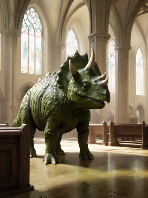 concept art, Triceratops, flawless, inside a pleasant Church, Hyperpunk, <lora:avocado_skin:1> avocado skin