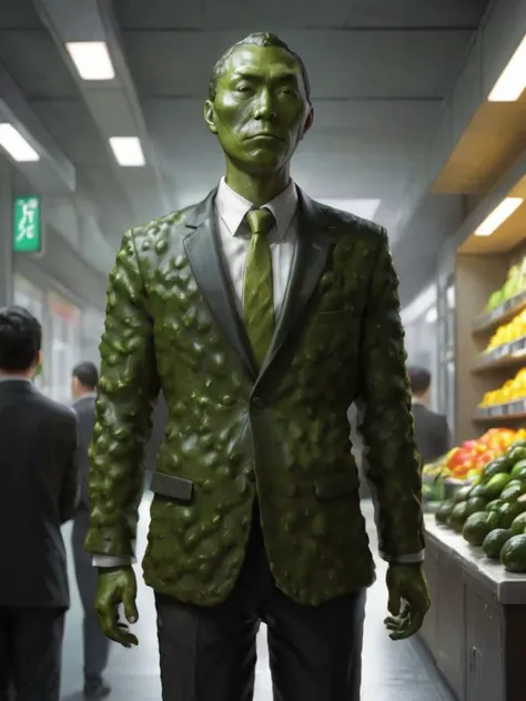 concept art, Man Salaryman, dramatic lighting, vibrant, award winning, <lora:avocado_skin:1> avocado skin