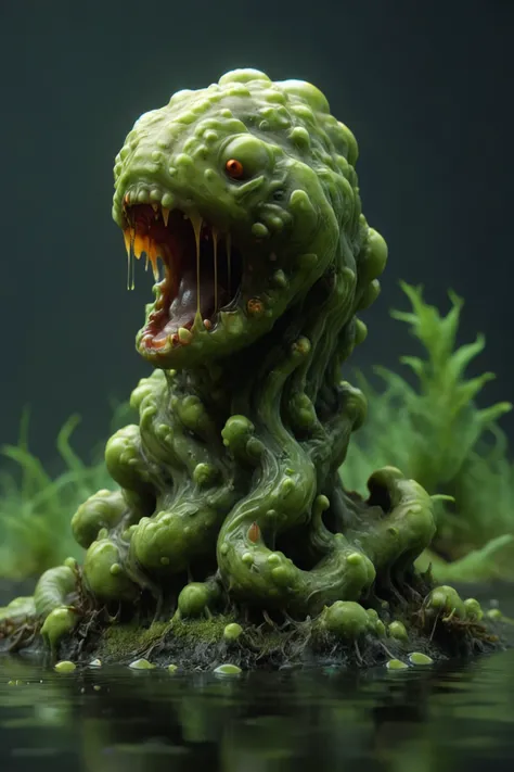 a photo in the style of Kurt Regschek, a (Calamitous Tremulous:1.5) slime mold creature of the swamp, (head of an [angry fanged toad| ( evil eel:1.9)|evil  eel with sharp teeth] ), medium tall, fangs, (medium length webbed and tentacle like arms) and ([frog legs| webbed legs]:1.4),   [ luminescent skin made of <lora:acidzlime-sdxl:.9> acidzlime oozes down it's back, and seaweed runs like a ridge of horns: <lora:avocado_skin:.45>bio-luminescent  [avocado|slime mold] skin with (seaweed spikes on it's back:1.4) :36] , : BREAK Midnight in the swamp. Spooky trees covered in moss in the background, deep depth of field, mirrored imagery of the glowing bio-luminescence, detailed hyper-realism photography,
