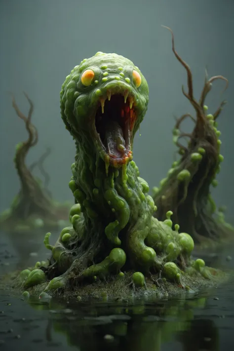 a photo in the style of Kurt Regschek, a (Calamitous Tremulous:1.5) slime mold creature of the swamp, (head of an [angry fanged toad| ( evil eel:1.9)|evil  eel with sharp teeth] ), medium tall, fangs, (medium length webbed and tentacle like arms) and ([frog legs| webbed legs]:1.4),   [ luminescent skin made of <lora:acidzlime-sdxl:.9> acidzlime oozes down it's back, and seaweed runs like a ridge of horns: <lora:avocado_skin:.45>bio-luminescent  [avocado|slime mold] skin with (seaweed spikes on it's back:1.4) :36] , : BREAK Midnight in the swamp. Spooky trees covered in moss in the background, deep depth of field, mirrored imagery of the glowing bio-luminescence, detailed hyper-realism photography,