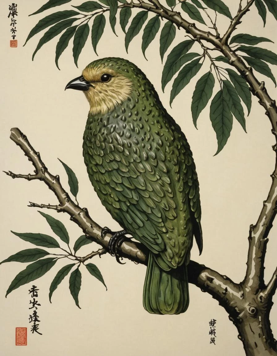 avocado skin, A bird made out of feathers, perched on a branch. A traditional Japanese image, reminiscent of Hokusai's work.