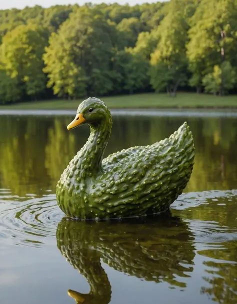 avocado skin, A graceful swan made out of dripping candle wax, floating on the Hudson River. Background hills and trees reminiscent of the landscapes of Thomas Cole.